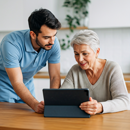 A younger male technician patiently helping a smiling older woman with her tablet at a wooden kitchen table.