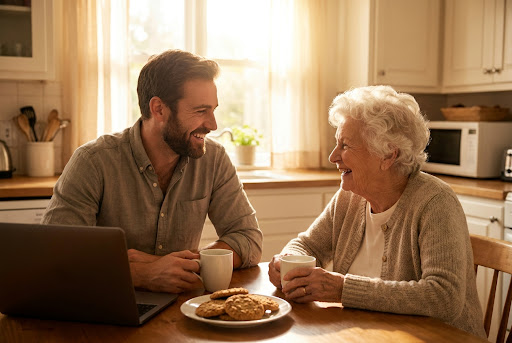 A friendly technician sitting at a sunlit kitchen table with an elderly woman, having a relaxed conversation over coffee.