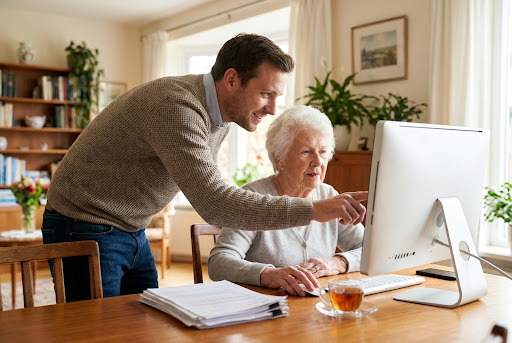 Alexander patiently helping an elderly person with a computer at a home dining table.