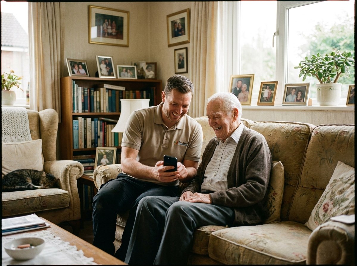 A friendly technician sitting on a sofa beside an elderly gentleman in a cosy living room, both smiling and looking at a smartphone together as he explains how something works.