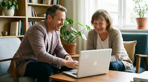 A senior and her helper sitting on a sofa, smiling while looking through family photos on a laptop together.