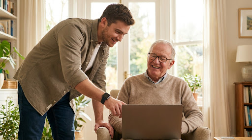 A technician patiently explaining computer basics to an older woman in a warm, well-lit living room.