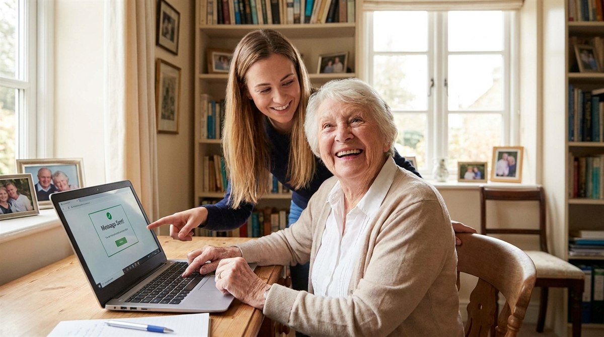 A delighted senior at her dining table with her helper, looking through her email inbox on a laptop together.