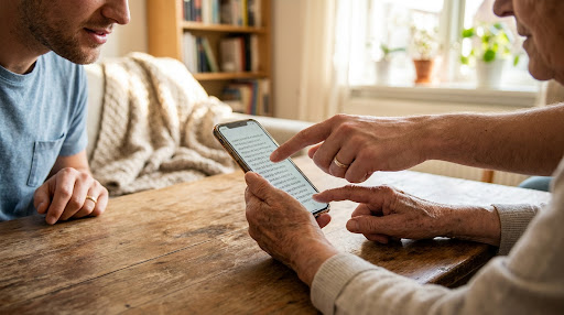 A friendly technician helping a senior couple set up their new smartphones at a kitchen table.