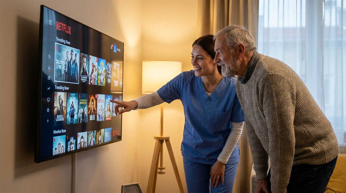 A helper showing an elderly man how to navigate Netflix on his Smart TV in a warmly lit living room.