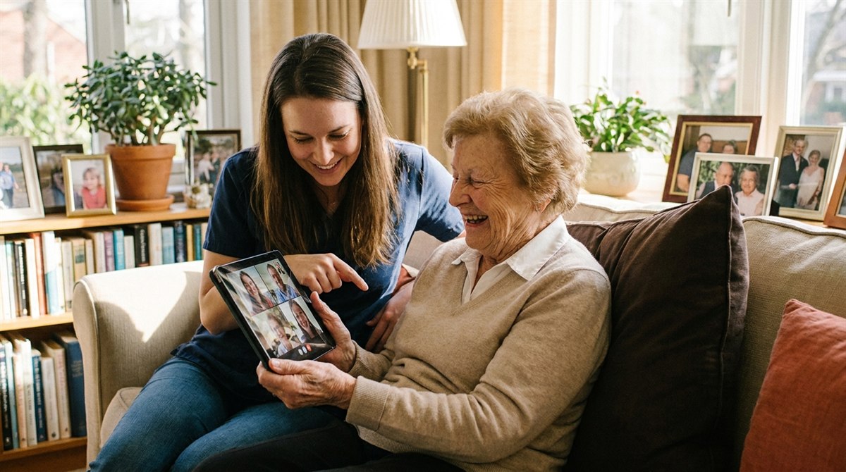 A senior smiling beside her helper as they use a tablet together to share photos and stay in touch with family on social media.