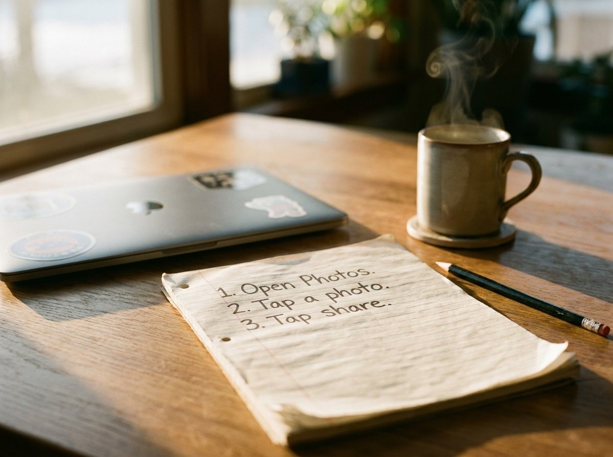 A page of plain-English step-by-step notes (1. Open Photos. 2. Tap a photo. 3. Tap share.) on a kitchen table beside a laptop and a steaming coffee mug — the kind of written guide Alexander leaves behind after every visit.